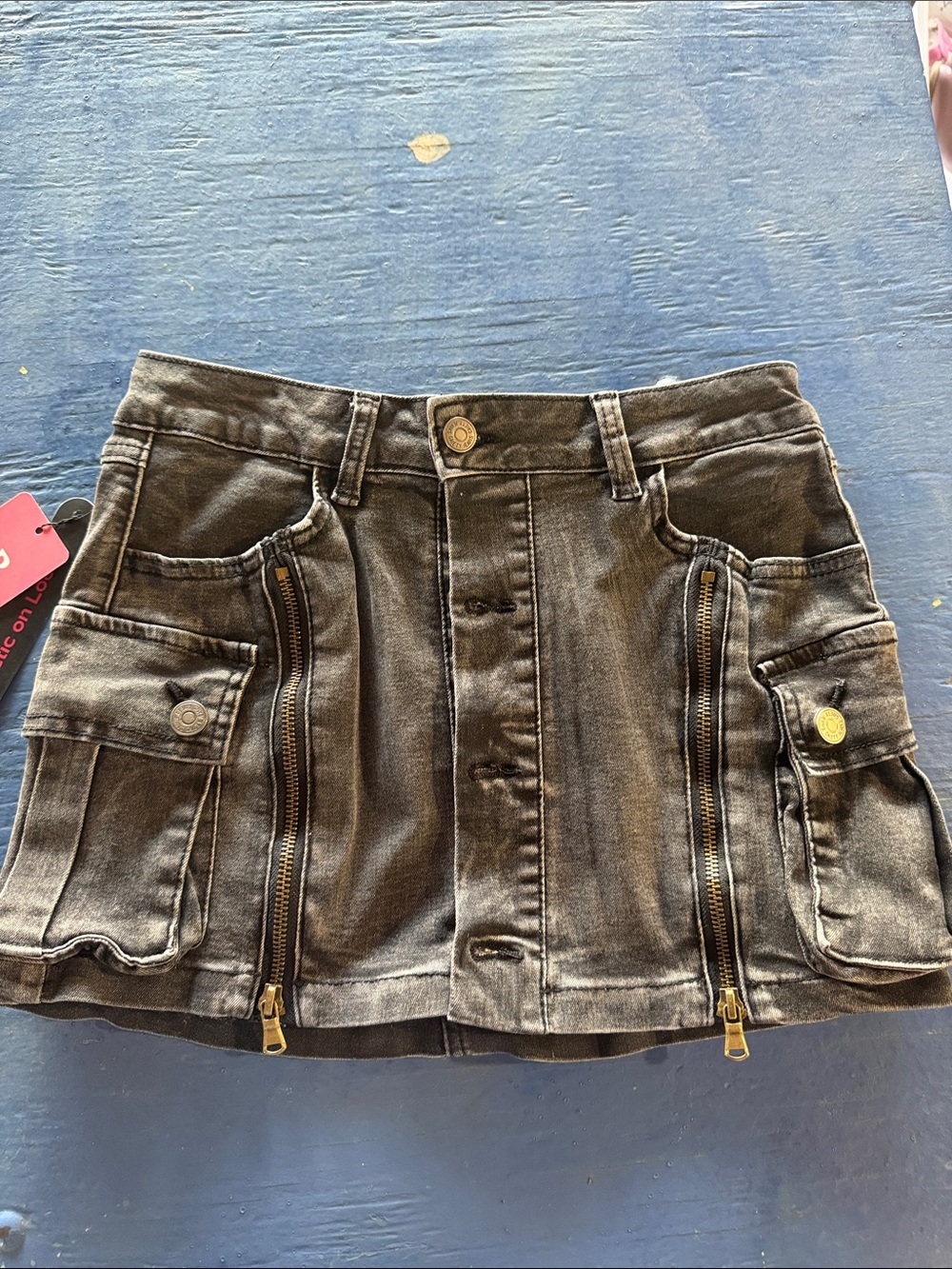 Justice Black Washed Cargo Denim Mini Skirt with Gold Hardware